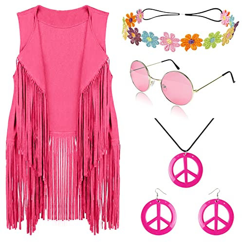FunMular Hippie Kostüme Kleidung für Frauen 60er 70er Jahre Kostüm Peace Zeichen Ohrring Stirnband Fransen Weste Quaste Strickjacke … (Rosa, M)