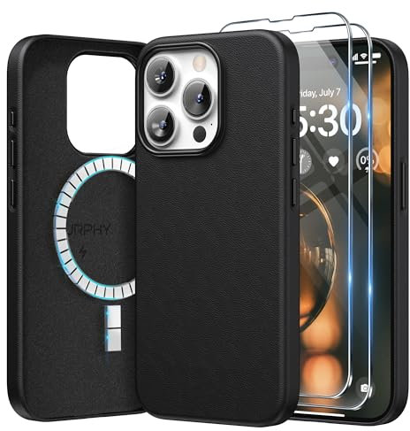 SURPHY Faux Leather Case for iPhone 15 Pro Max Case with Screen Protector, Premium PU Leather Compatible with MagSafe [Metallic Buttons] Cover for iPhone 15 Pro Max 6.7 inch, Black