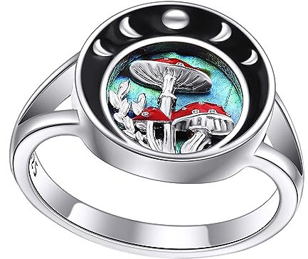 HUKKUN Pilz Ring Silber 925 Mondphasen Ring Pilz Schmuck Hexen Geschenke für Frauen