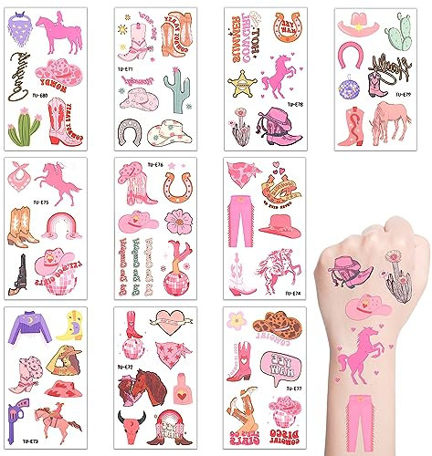 TOYMIS 10 Sheets Pink Cowgirl Temporary Tattoos, 65 Patterns Retro Bachelorette Rodeo Bach Party Favors Birthday Tattoos for Girl