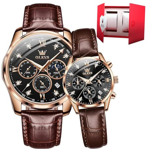 OLEVS Paar Paar Quarz-Uhren, leuchtender Kalender, Datumsfenster, 3 ATM wasserdicht, lässig, Edelstahl, für Sie und Ihn, Armbanduhr für Männer, Frauen, Liebhaber, Hochzeit, romantisch, 2888+5523-black