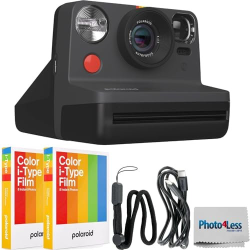 Polaroid Now 2. Generation I-Type Sofortbildkamera (rot) Bundle mit Polaroid-Farbfilm für I-Type x2 und Kamera-Objektivtuch (4 Stück) (schwarz)