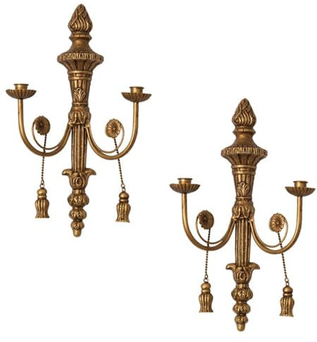 TentHome Kerzenhalter Wand Metall Vintage Kandelaber Antik Teelichthalter Wandkerzenleuchter 2 Armig im Barockstil Wandkerzenhalter für Stabkerzen Wanddekoration Gold 2 Stück