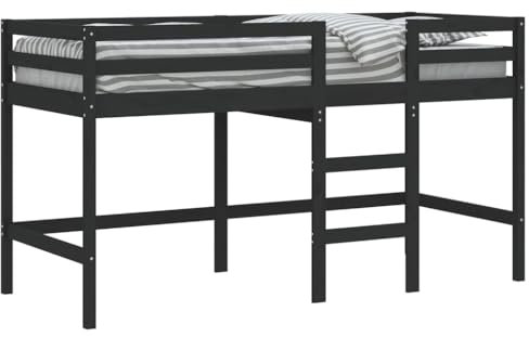vidaXL Lit Mezzanine Enfants Échelle, Lit Surélevé pour Enfants, Meuble de Rangement Chambre, Moderne, Noir 90x190 cm Bois Pin Massif