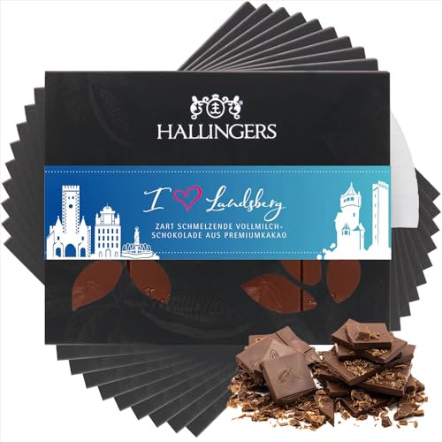 Hallingers Genuss Manufaktur Schokolade Geschenk - Tafel Edelkakao handgeschöpft ohne Alkohol edler Karton 10x I love Landsberg Pur, Geschenkidee für Frauen Männer