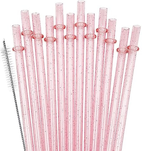SUNDEE Reusable Plastic Straws, Glitter Straws Reusable Drinking Straw Thick BPA-Free Glitter Drinking Straw Accessories, Set of 12 Pcs Colorful Straw with Cleaning Brush - Pink