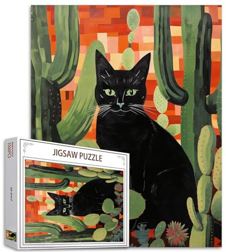 Tucocoo Abstrakte Schwarze Katzen-Puzzles für Erwachsene, 1000 Teile, Retro-Grüner Kaktus-Kunst-Puzzle, bunt, DIY-Bastelpuzzles für Heimdekoration, Geschenke, Familienpuzzle, perfekt für Spieleabende