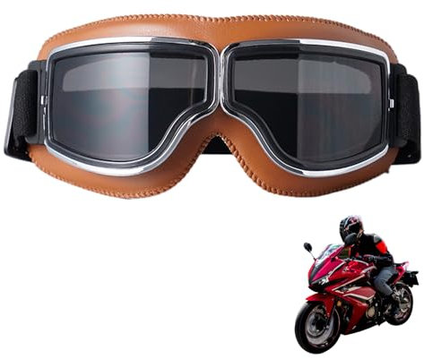 Motocross Brille Windproof Motorcycle Goggles, Vintage Adjustable PU Leder Sonnenbrillen, Retro Radbrille, Helmbrille, Crossbrille, Mountainbike Brille, Fahrrad Brille, (Braunes Leder + graue Gläser)