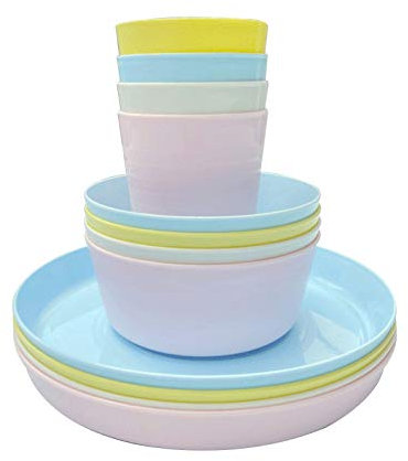 Set di stoviglie per bambini, set da 12 pezzi, ciotole leggere infrangibili, tazze e piatti, riutilizzabili, lavabili in lavastoviglie, materiale plastico