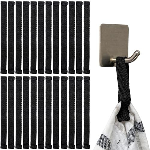 Handtuchaufhänger zum Annähen, 24 Stück, 150 x 12 mm Schlaufen, in Schwarz, aus Baumwolle, umgeschlagene und vernähte Enden, Aufhänger Halter Set für Geschirrhandtuch, Handtuch, Lappen, Deko, Camping