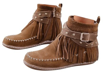 Memmyly Santiags - Stivali da donna, stile con frange, con chiusura a cerniera, stile indiano e piatto, comodi stivali, stile bohemien, con chiusura lampo, stivaletti per uso quotidiano, suola morbida