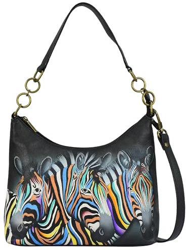 Anna by Anuschka Damen Original handbemalte Hobo Umhängetasche aus echtem Leder, Midnight Zebra, Einheitsgröße