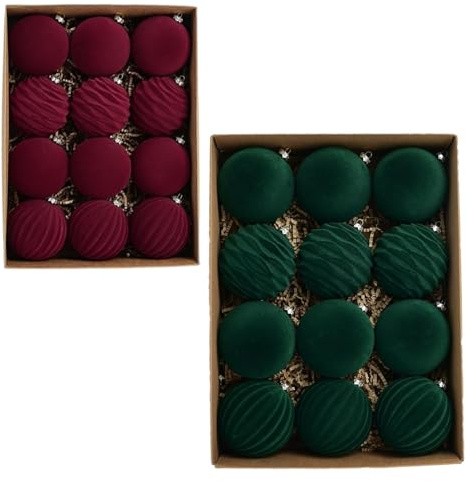 24 Stück Kunstoff Velvet Weihnachtskugeln, 8cm Rot & Grün Samt Christbaumkugeln, Weihnachtsbaum Kugeln mit Haken, Weihnachtsbaum Deko & Christbaumschmuck