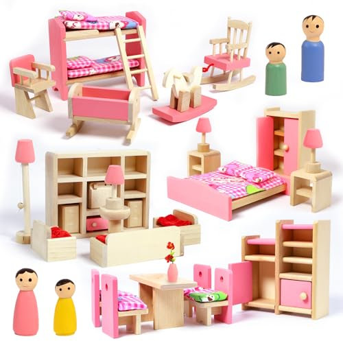 33PCS Wooden Dollhouse Furniture Set,Doll House Furniture with 4 Family Dollss,Including Children's Room,Bedroom,Living Room,Dining Room Accessories for Pretend Play for Boys Girls & Kids