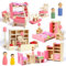 33PCS Wooden Dollhouse Furniture Set,Doll House Furniture with 4 Family Dollss,Including Children's Room,Bedroom,Living Room,Dining Room Accessories for Pretend Play for Boys Girls & Kids