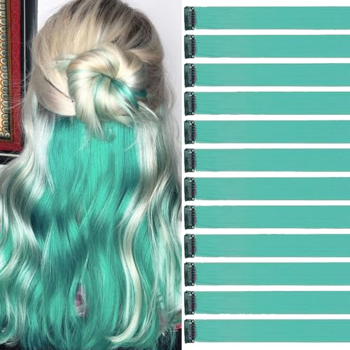 Türkis Haarsträhnen Zum Einklipsen 12 Stück 55 cm Haarsträhnen für Zöpfe/Flechtfrisuren Clip in Extensions Einzelne Strähnen Bunte Haarsträhnen Kinder Haarverlängerungen Zubehör