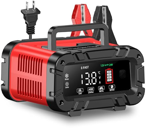 E-FAST Battery Charger 0-20A 12/24V Lifepo4 Lead Acid Automatic Smart Car Battery Charger, Trickle & Pulse Repair, Automobile Battery Maintainer for Car Truck Motorcycle Lawn Mower Boat