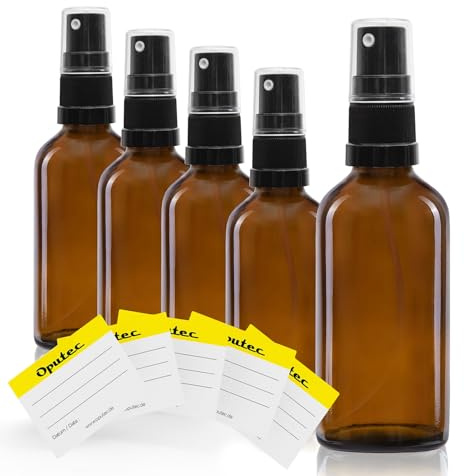 Oputec 5 x 30 ml Sprühflaschen aus Glas mit Zerstäuber + 5 Beschriftungs-Etiketten - Braunglasflaschen mit feinem Sprühkopf - Kleine Pumpspray-Flasche - Made in Germany