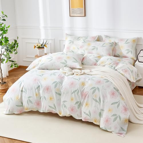 YASMENG Housse de Couette 240 x 260 Coton Motif de Fleurs Rose Jaune Parure de Lit Coton Câlin Doux Respirant Linge de Lit 2 Personne pour Fille avec Fermeture Éclair et Taies d'oreiller 65x65 cm