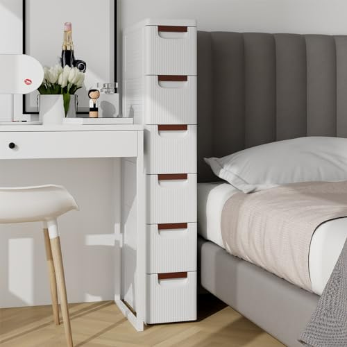 GIANTEX Nischenschrank Nischenregal 19 cm breit, Nischenwagen auf Rollen, Schmaler Rollschrank Rollwagen mit 6 Schubladen, Badschrank Badrollwagen kleiner Schubladenschrank Toilettenschrank für Bad