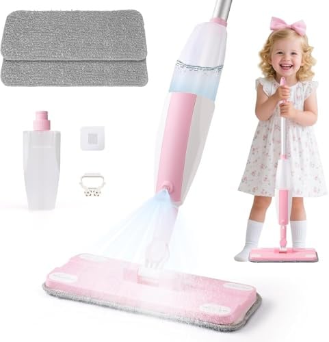 Kinder Wischmopp mit Sprühfunktion, Montessori Kinder Putzset ab 3 Jahren | Kindgerechtes Design, Kids mop, Reinigungsspielzeug für Rollenspiel, Haushalt, Richtigen Putzen, Geschenk für Kinder | Rosa