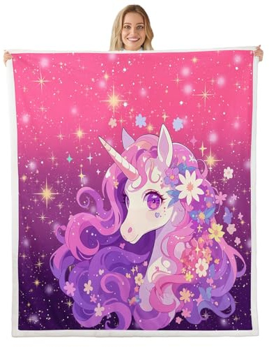 Homemissing niedliches rosa Einhorn Decke 150x200cm Träumiges Pferd Wohndecke für Kinder Erwachsene Einhorn Mädchen Floral Glitter Kuscheldecke Zimmer Dekor Flanell Fleecedecke weich