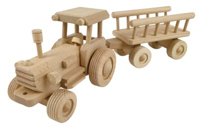 Generisch Traktor mit Leiterwagen (groß), Handgefertigt, Naturholz, für Kinder ab 3 Jahren
