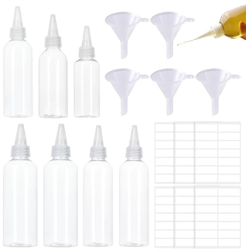 Wrbugukeji 13 Pcs Plastic Squeezy Sauce Bottles Small, Clear Plastic Condiment Bottle with Funnels Labels, Small Squeeze Bottle for Ketchup BBQ DIY Crafts Hair Oil Applicator Bottles(5 size)