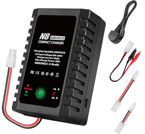 HTRC 20W NiMH/NiCd Battery Charger, Airsoft Battery Charger for 2-8S (2.4V-9.6V) RC Packs, with Tamiya, Mini-Tamiya & Crocodile Clip Cables, Compatible with RC Cars, Boats, Drones, Airsoft