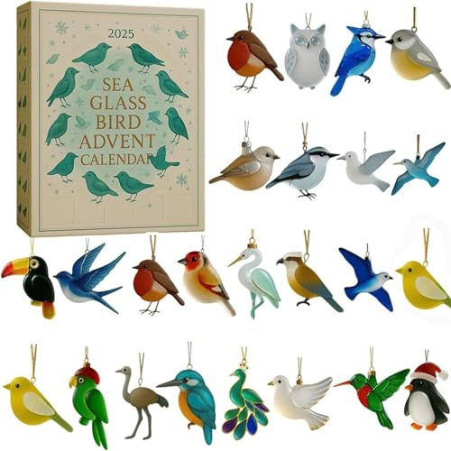 Sea Glass Bird Advent Calendar 2025, 24 Days Christmas Countdown with 2D Flat Acrylic Bird Ornaments, Holiday Surprises Christmas Tree Advent Calendar Decoration for Bird Lovers (White)