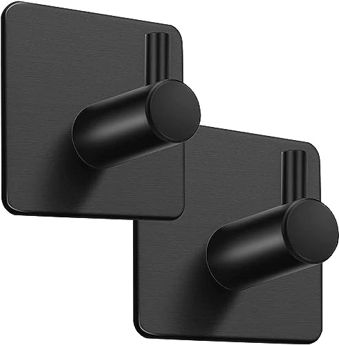 The Bog Standard 2 Pack Matt Black Self Adhesive Wall Hooks Stainless Steel | Heavy Duty, No Nails, Bathroom Towel Hooks, Kitchen Door Hanger, Stick On, Strong Adhesive