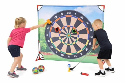 4-in-1 Giant Bullseye Kids Sports Target Dart Net Game Set, Soccer, Golf, Football and Axe Throwing, Sticky Net, Ages 3+