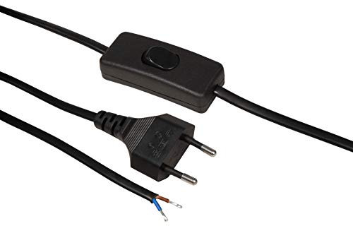 McPower - Euro Netzkabel Anschlusskabel | Schnurschalter und blanken Enden, 2m | mit blanken Enden ideal für Lampen, Leuchten, H03VVH2-F Anschlussleitung schwarz