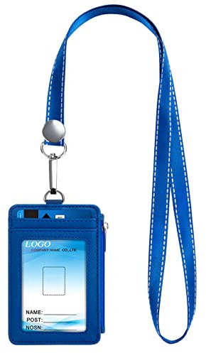 Porta Badge con Cerniera Porta Pass Identificazione Portabadge in Pelle Pu Uomini Donne Portafoglio con Cordino da Collo per Infermiera Insegnante Studenti Blu