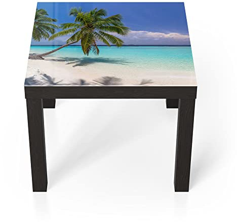 DEQORI Glastisch | schwarz klein 55x55 cm | Motiv Paradiesischer Strand | ausgefallener Beistelltisch aus Glas | Hochglanz Couchtisch fürs Wohnzimmer | moderner Couch Tisch mit Design