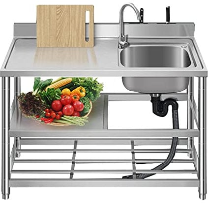 Küche Spülbecken Edelstahl Waschbecken Ausgussbecken Single Bowl Waschbecken mit Wasserhahn & Abflussbrett, Vorbereitungs- und Dienstprogramm Waschbecken mit doppelten Lagerregalen Innen im Freien ( C