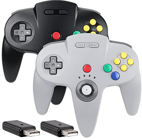 [Multidispositivo] driver inalámbrico N64, 2.4 GHz con receptor USB, compatible con Windows Laptop PC, iOS Mac Raspberry Pi, Switch/NSO - (Rechargable) (Plug and Play) (Paquete de 2 gris/negro)