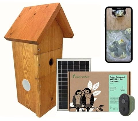 Green Feathers Battery Powered Solar Bird Box Camera With Wi-Fi Connection, Outdoors Wildlife Camera for Bird Boxes - Starter Kit