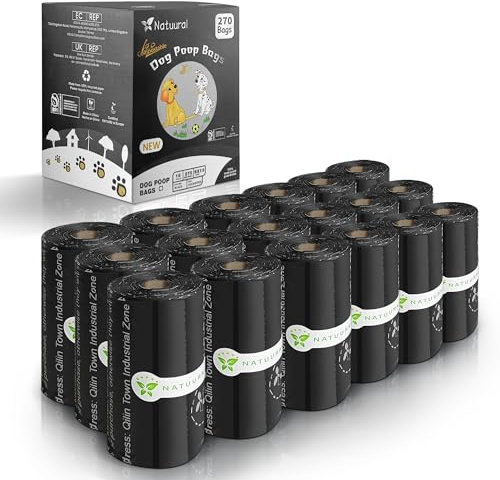 Zertifiziert kompostierbare Hundekotbeutel – 270 Beutel, 18 Rollen, Kotbeutel für Hunde aus Maisstärke – ASTM D6400 von den USA, geruchslos, geeignet für große | kleine Hunde (Schwarz)