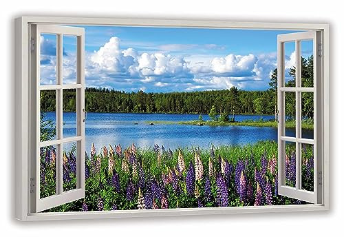 HUBDECO Leinwandbild Fensterblick Natursee Bild 120x80 cm - Landschaftsbilder auf Leinwand - Wandbilder Wohnzimmer - Bild Fenster mit Ausblick - Aesthetic Room Decor - Wanddeko Schlafzimmer