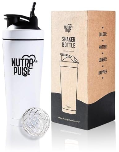 NUTRAPULSE Protein Shaker Bottle Durable Stainless Steel Blender Bottle Shaker for Smoothies, Protein Shakes & Drinks Gym-Ready Smoothie Cup, Drink Shaker 750ml (White)