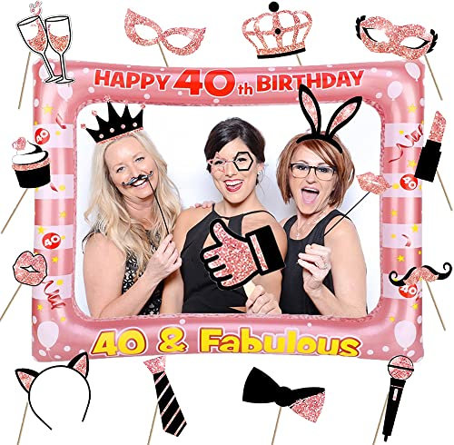 40 Geburtstag Aufblasbarer Bilderrahmen Mit 22 Pcs Foto Requisiten, 40. Photo Booth, Happy Birthday Party Fotobox Accessoires, Rosegold Selfie für Frauen Geburtstag
