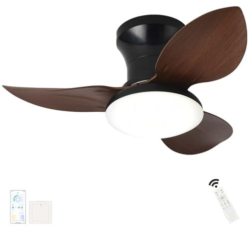 65cm Ceiling Fans with Lights and Remote Control LED Reversible Fan Light Ceiling Dimmable APP 6 Speed Silent Ceiling Light and Fan Modern Smart Industrial for Bedroom, Living Room-Black Wood