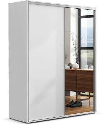 BM-Möbel Großer Kleiderschrank mit Schiebetür und Spiegel - mit Einlegeböden und Kleiderstange - für Garderobe, Schlafzimmer - Weiß - 150 X 62 X 215 cm (B/T/H)