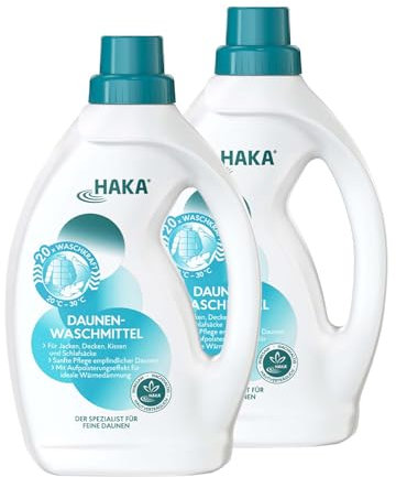 HAKA Daunenwaschmittel 2x 1L, 40 WL, sanftes Spezialwaschmittel für Daunenjacken, Bettdecken & Kissen, reinigt & pflegt, Auspolsterung-Effekt