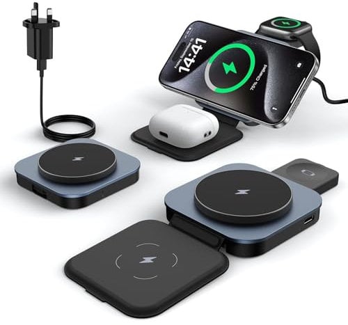 Keepro 3 in 1 Wireless Charger for MagSafe, Magnetic Foldable Travel Fast Charging Station Stand for Apple Devices iPhone 16/15/14/13/12 Series, AirPods Pro/4/3/2 & Apple Watch (Adapter Included)Black