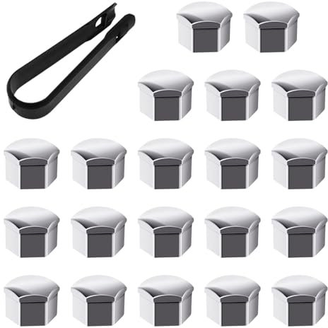 BEIBXHQQ 20PCS Nut Protective Covers with 1pc Clip, Tire Nut Caps, 17mm Wheel Nut Caps, Decorative Plastic Case, Car Accessories (Silver)