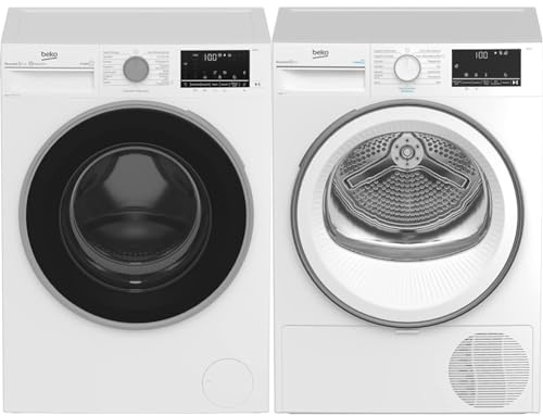 Beko B5WFU584135W b300 Waschvollautomat, Waschmaschine, 8 kg & B3T41239 Wäschetrockner 7KG, Frontlader Wärmepumpentrockner