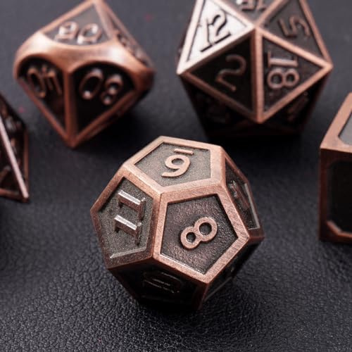 ORUZA 7 Stück Metal DND Würfel Set Antike Kupfer Polyedrische Würfel D4 D6 D8 D10 D12 D20 D% Metall D&D Würfel Set für Dungeons and Dragons RPG MTG Rollenspiel Würfel