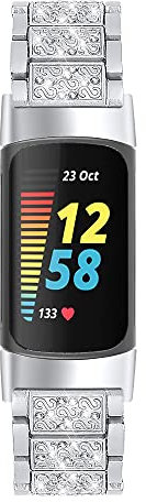 SMYAOSI Armband für Fitbit Charge 5/ Fitbit Charge 6 Armband, Metall Edelstahl Bling Strass Ersatzband Wristband Zubehör Band Armband für Fitbit Charge 6/ Fitbit Charge 5 Activity Tracker (Silber)